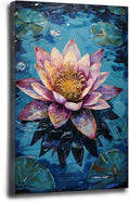 Gorgeous pink and purple water lilies on deep blue water Eye-catching oil painting Serene aquatic wall art for modern home decor 8x12in Wood Framed