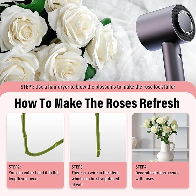 20PCS Artificial Roses with Long Stems - Realistic Silk Flowers, Fake Roses Bouquet of Roses for Home Decor, Bridal Wedding Party Table Centerpieces, Bulk Faux Rose Flowers (White Pink)
