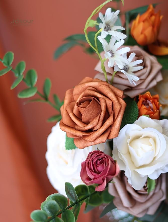 50pcs Artificial Flower，Real Touch Foam Roses w/Stem DIY for Wedding Bouquet Centerpieces Party Shower Home Decor-Burnt Orange Taupe
