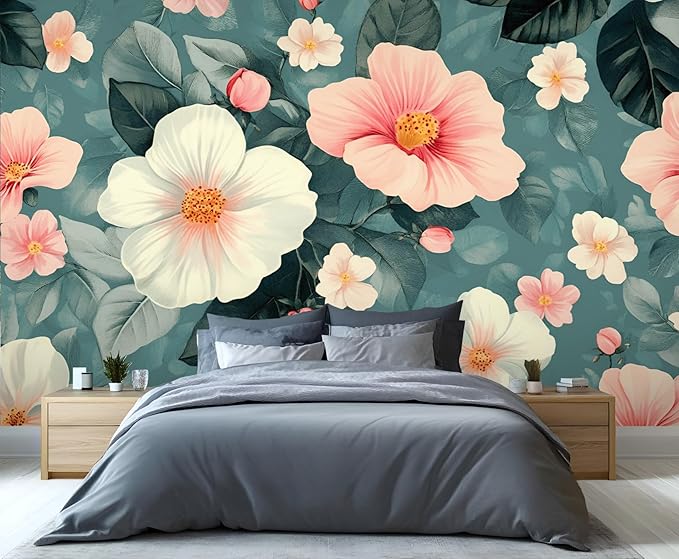 Vintage Hibiscus Flower Wall Mural, Romantic Floral 3D Wall Murals, Botanical Bloom Design Wallpaper Mural, for Living Room Bedroom Large Wallpaper Indoor Decor 78.7" W x55.1 H