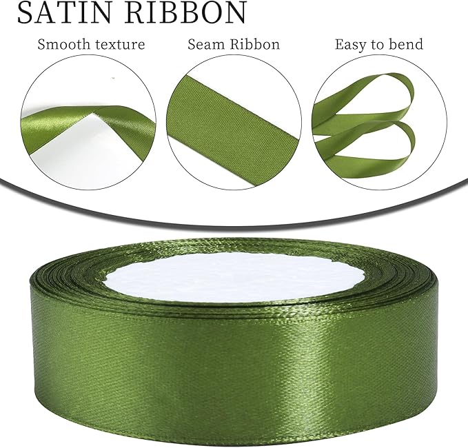 Sage Green Ribbon for Gift Wrapping, 1 inch Polyester Satin Hair Ribbon for Flower Bouquet, Weeding Decoration, Baby Shower, Crafts Bows Fabric Christmas Ribbons 25 Yards