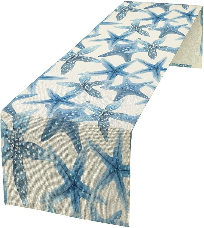 Starfish Plaid Table Flag Green Plaid and Marine Life Starfish Kitchen Table Flag Suitable for Birthday Party Restaurant Decoration Outdoor Picnic 13x36 Inch