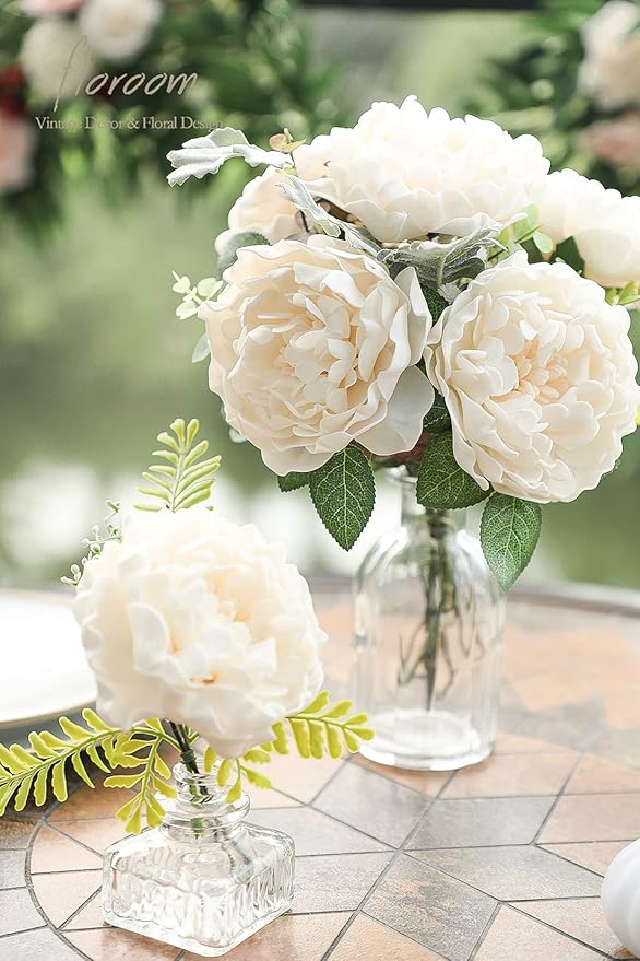 Floroom Artificial Flowers 16pcs 4" Cream Blooming Peonies Real Looking Foam Fake Peony with Stems for DIY Wedding Bouquets Bridal Shower Centerpieces Floral Arrangements Party Tables Home Decorations