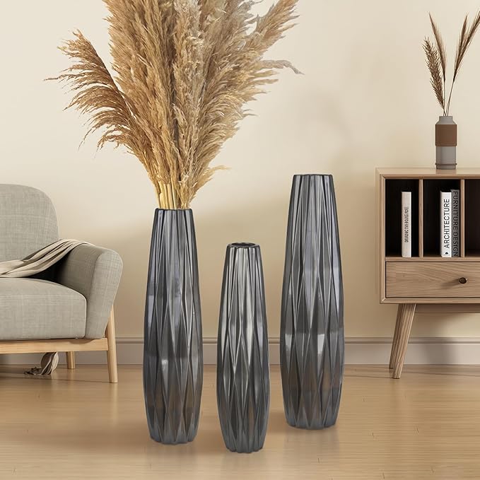 Silvery Ceramic Tall Floor Vase,17.7 Inch Large Modern Flower Vases for Home Décor,Wicker Big Floor Vases Decorations for Farmhouse, Living Room,Bedroom,Standing Plastic Vase Decorative Tall