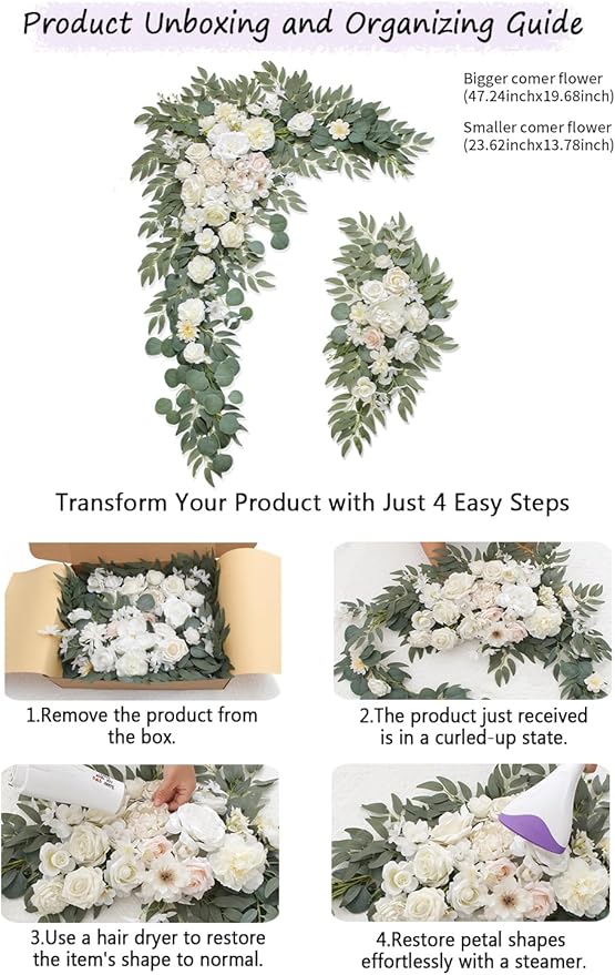 Faux Flowers Arch Flowers with Drapes (Set of 4) Wedding Decor and Wedding Arch Draping Artificial Flower Arrangements Decorations for Reception (White)