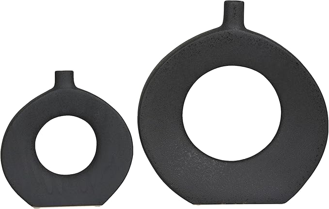 CosmoLiving by Cosmopolitan Ceramic Decorative Vase Round Donut Shaped Centerpiece Vases, Set of 2 Flower Vases for Home Decoration 15", 10"H, Black
