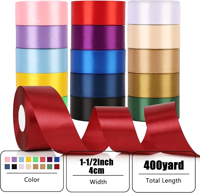 NESCCI 16 Colors 400 Yards Ribbon,1-1/2 Inch Satin Ribbon,Single Face Satin Ribbons, Perfect for Gift Wrapping, Wedding Decoration,Handmade Bows,Wrapping Bouquet and More