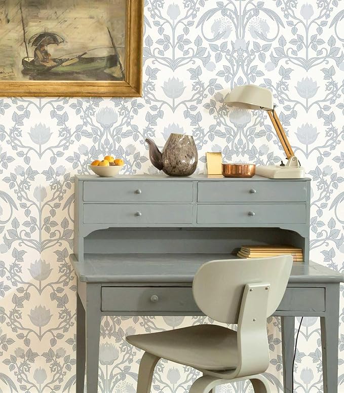 17.3" × 393.7" Blue Floral Peel and Stick Wallpaper, Damask Vintage Wallpaper for Bedroom Bathroom Self Adhesive Removable