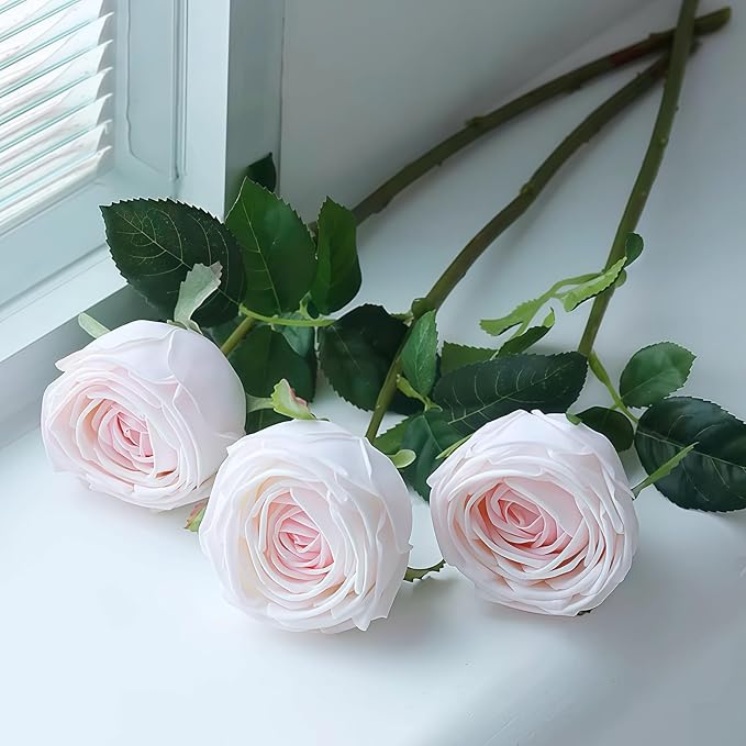 5Pcs Light Pink Real Touch Artificial Silk Flowers with Stems - Lifelike Latex Austin Rose Peony for Wedding Bouquets, Home Decor, DIY Floral Arrangements