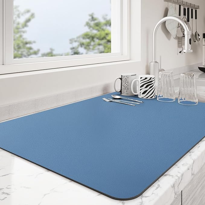 Dish Drying Mat for Kitchen Counter | Coffee Bar Mat for Countertops | Heat Resistant Drainer Mat with Non-slip Rubber Backed | Hide Stain Kitchen Absorbent Draining Mat | Blue 18"x28"