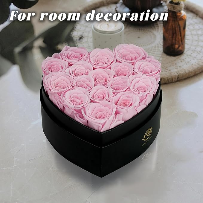 16-Piece Forever Flowers Heart-Shaped Box – Real Immortal Preserved Roses Lasting a Year, Perfect for Birthday, Girlfriend, Mother, or Wife, Valentine Day Gift for Her - Pink