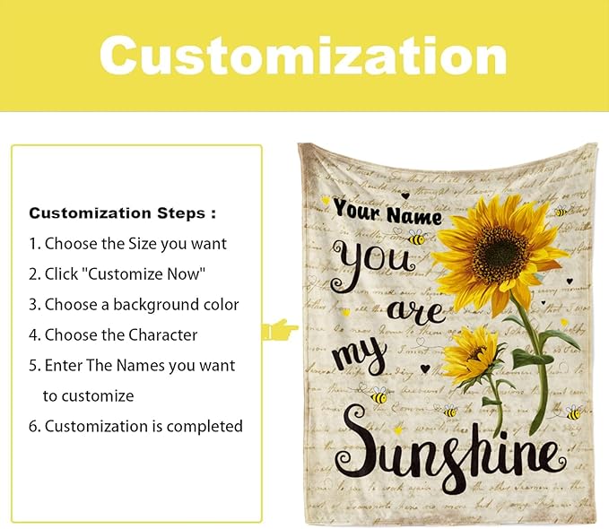 Jekeno Custom Blanket for Women Personalized Sunflower Blanket with Name Flannel Throw Blankets for Bed Couch Sofa 50"x60"