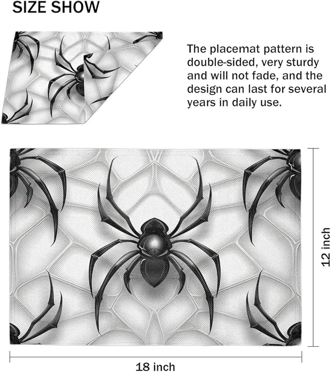Black Spiders Placemats, Place Mats Set of 4, Heat Resistant Place Mats, Washable Table Mats for Dining Table, Non-Slip Stain Resistant Kitchen Table Placemats, Spiders Web