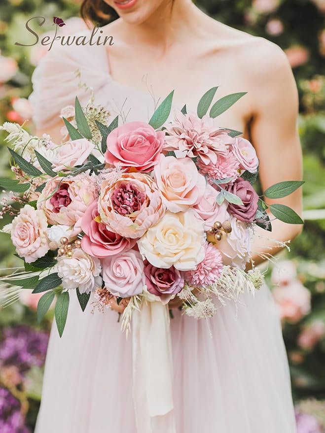 Serwalin Pink Artificial Flowers Peonies, Fake Silk Flowers Wedding Bouquet Bridal Centerpieces Flowers for Decoration, Cake Flower Home Decor