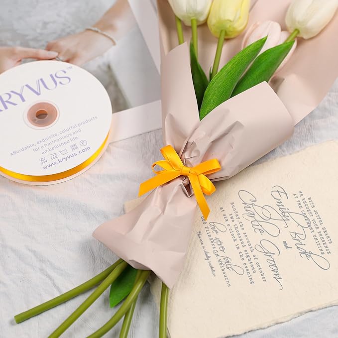 Yellow Gold Satin Ribbon, Double Faced 3/8 Inch X 50 Yards Yellow Gold Ribbon, Premium Satin Ribbon for Gift Wrapping, Crafts, Hair Bow Making, Sewing, Flower Bouquet, Wedding Party Decor