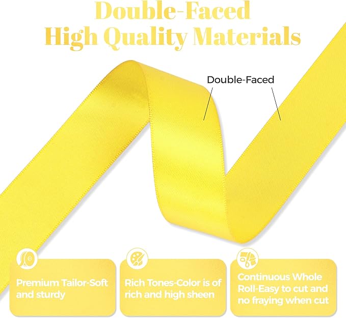 Daffodil Yellow Satin Ribbon, Double Faced 1 Inch X 25 Yards Daffodil Ribbon, Premium Satin Ribbon for Gift Wrapping, Crafts, Hair Bow Making, Sewing, Flower Bouquet, Wedding Party Decor