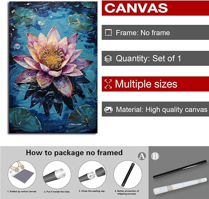 Gorgeous pink and purple water lilies on deep blue water Eye-catching oil painting Serene aquatic wall art for modern home decor 32x48in Frameless