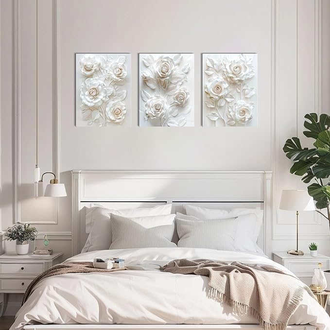 Sepwrol White Flower Canvas Wall Art, Modern Abstract Rose Blooming Floral Textured Printing Artwork for Home Bedroom Living Room Wall Decor, 12"x16" 3 Panel