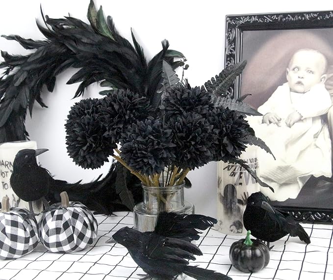 Tinsow 12 Pcs Faux Ball Chrysanthemum Bouquet Black Flowers for Home Halloween Party Fall Harvest Festival Decoration (Black, 12)