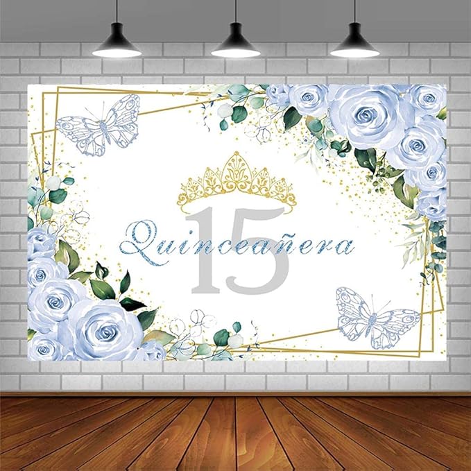 SENDY 8x6ft Quinceañera Backdrop Mis Quince 15 Anos Birthday Party Decoration Supplies for Girl Princess Blue Floral Butterfly Golden Crown Photography Background Banner Photo Booth Studio Props