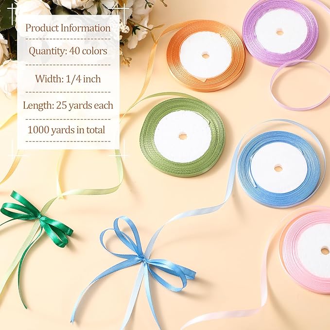 40 Rolls Satin Ribbons Colorful Fabric Ribbons Assorted Solid Rainbow for Gift Wrapping Bows Crafts DIY Bouquet Christmas Wedding Shower Decor(1/4" Wide,1000 Yd Long,Multicolor)