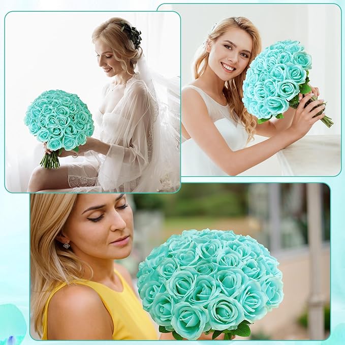 36 Pcs Turquoise Artificial Roses with Long Stems, Fake Silk Rose Artificial Flowers Bulk for Bridal Wedding Bouquet Centerpiece Ball Arrangement Party Decor