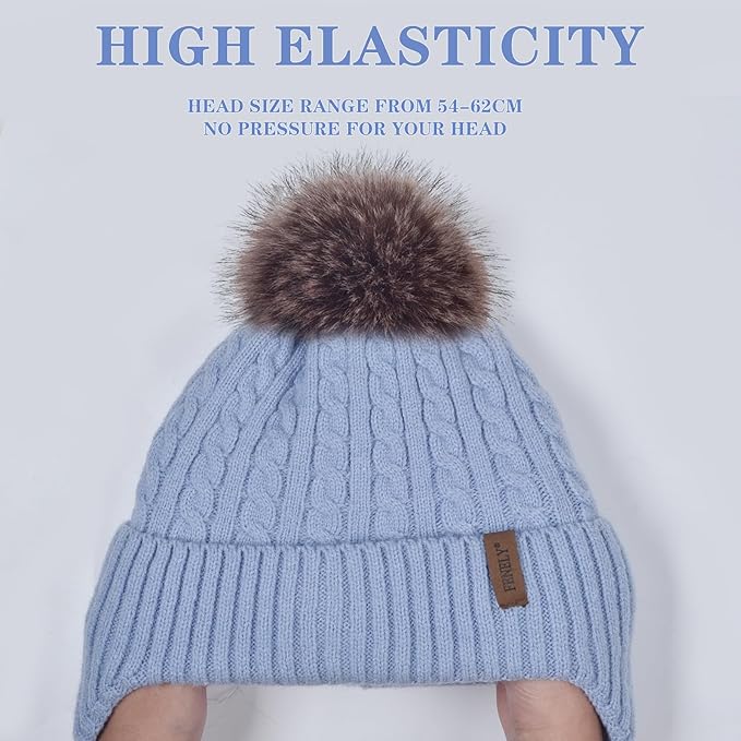 FENELY Women's Knitted Warm Beanie Winter Hat, Warm Chunky Snow Hat with Pompom