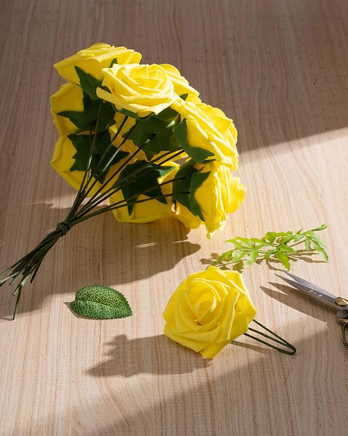 DuHouse 25Pcs Artificial Roses Flowers Fake Roses with Stems Real Touch Foam Flowers for DIY Wedding Bouquet Baby Shower Centerpiece Floral Arrangement Party Home Decor(Yellow)