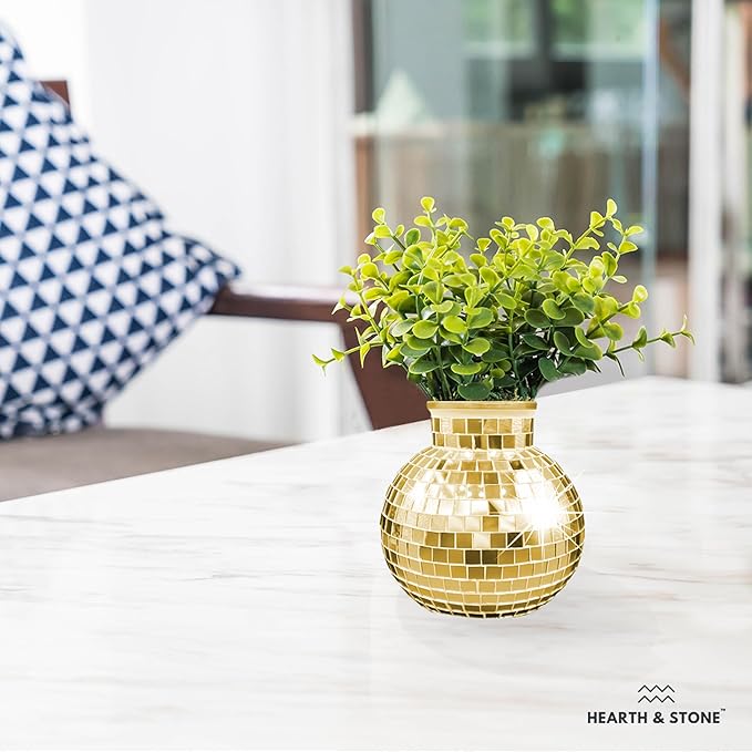 Disco Ball Planter | 7” Disco Ball Vase for Flowers & Plants | Handmade Gold Color Square Large Mirrors Center Piece | for Indoor & Outdoor Decor | Disco Ball Plant Holder Gold