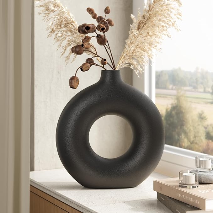 7.6 Inch Black Donut Vase for Pampas Grass, Modern Hollow Ceramic Vase for Table, Mantle, Minimalist Nordic Industrial Style Decorative Vase for Home Decor, Living Room, Farmhouse, Office