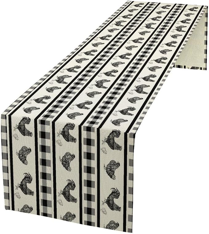 Rooster Table Runner,Farmhouse Animal Vintage Chicken Black White Plaid Check Tablecloth Burlap for Hotel Indoors Outdoor Dining Room Kitchen Home Decor,W13X L108 in