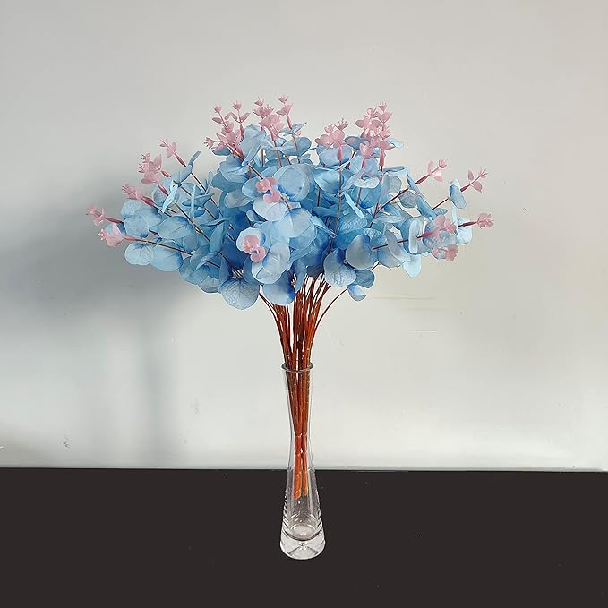 19" Faux Flowers Artificial Silk Silver Dollar Eucalyptus Stems Fake Plant for Vase Home Wedding Decor 3 Pcs (Blue)