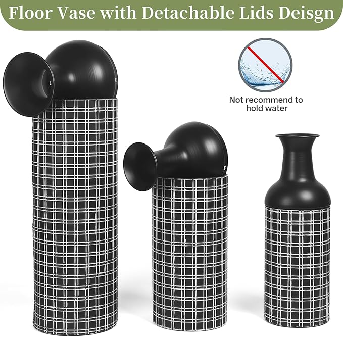 Tall Floor Vase Set of 3, Large Black Metal Vase with Minimalist White Lines & Detachable Vases Mouth, Big Modern Decorative Vases for Living Room,Hallway,Dining Rooms,Office,Kitchen.