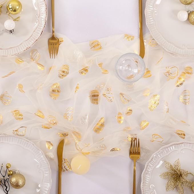 Socomi Gold Table Runner Fall Pumpkin Gauze Sheer Chiffon Cheesecloth Sequin 10FT Glitter Metallic Foil Dining Wedding Birthday Party Baby Shower Holiday Centerpiece Table Decor Beige