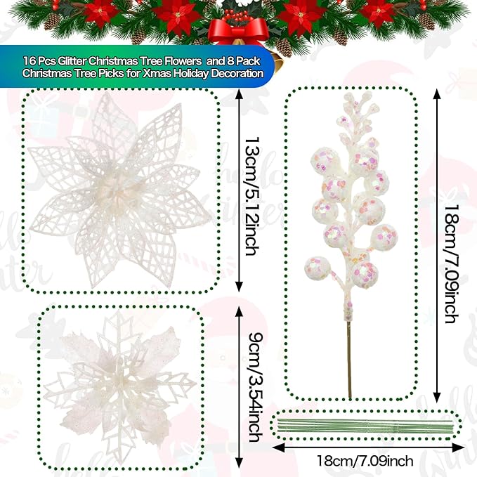 22Pcs Christmas Poinsettia Artificial Flowers and Glitter Berries Stems Kit, 16Pcs Glitter Christmas Tree Flowers Ornaments and 6 Pack Christmas Tree Picks for Wedding Xmas Holiday Decorations(White)