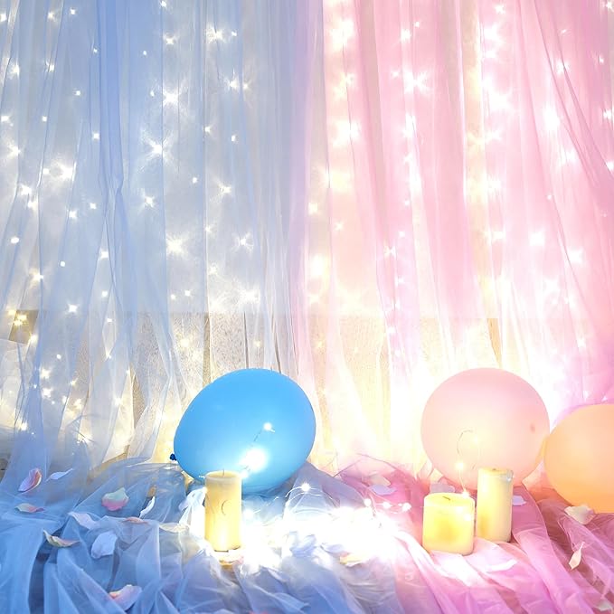 10ft x 10ft Pink Blue Tulle Photo Backdrop Curtain with Lights String for Gender Reveal Sheer Curtain Back Drop Baby Shower Backdrop for Boy or Girls Birthday Party Photo Booth Background Decorations