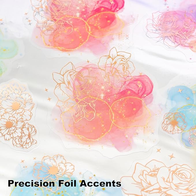 Watercolor Floral PET Sticker Set, 60PCS Gold Foil Flower Stickers for Scrapbooking, Journaling, DIY Crafts, Decorative Collage, Planner, and Art Supplies