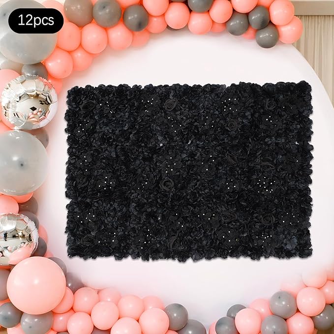 Flower Wall Panel Set,Black Artificial Wall Flower Backdrop,12 Pcs 14.96" X 14.96" 3D Silk Hydrangea Rose Floral Panel,Faux Roses Artificial Flower Backdrop for Wall Decor
