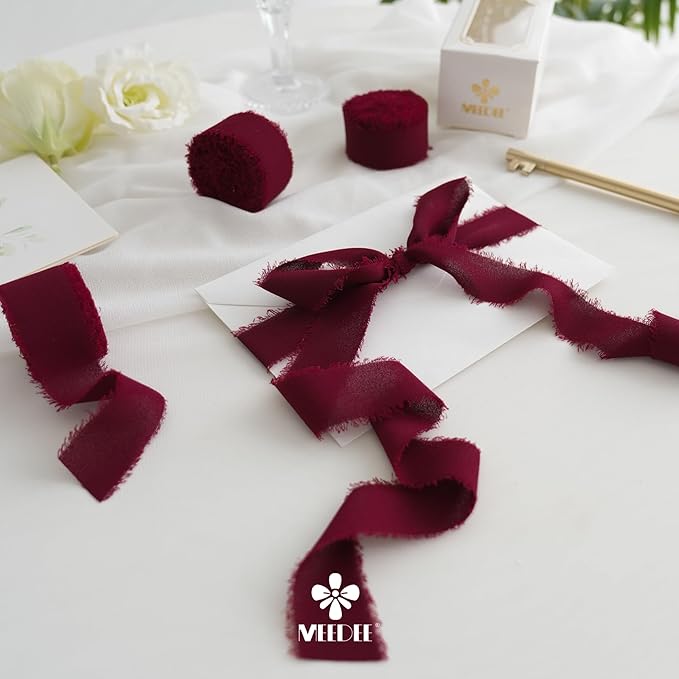 MEEDEE Burgundy Chiffon Ribbon 1 Inch Fringe Ribbons Dark Red Chiffon Silk Frayed Burgundy Ribbon Thin Chiffon Ribbons for Crafts, Gift Wrapping, Wedding Invitation (3 Rolls 21 Yards)