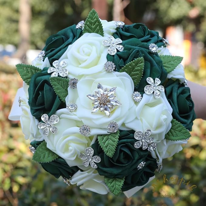 Lightweight Bridal Wedding Bouquet Round Holding Bouquet Throw Toss Artificial Rose Flower Bunch for Bride Bridesmaid Wedding Quinceanera (Cream & Dark Green, 9.1")