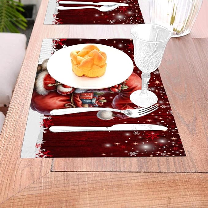 PVC Placemats Set of 4 Wipeable Table Mats Washable Heat Resistant Non Slip Vinyl Dining Table Mat for Kitchen Indoor Outdoor Patio Farmhouse Place Mats Red Santa Claus Gnome Decorative