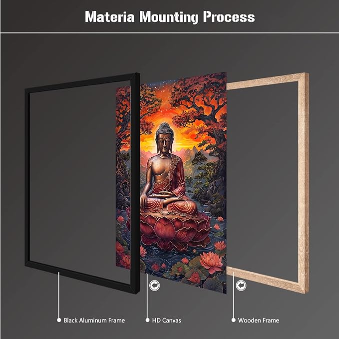Golden Buddha on lotus seat serene meditation statue amidst lush trees flowing water and sunrise light spiritual home art for a tranquil decor 12x18in Metal blackFramed