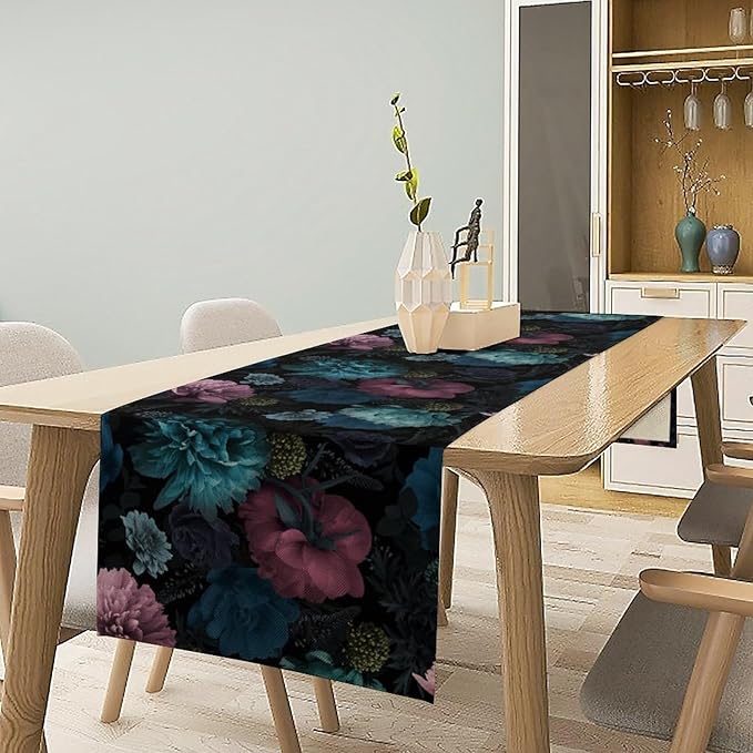 Blue Pink Flowers Table Runner, Boho Rose Flower Blossom Rustic Vintage Garden Peonies Spring Table Runner for Home Kitchen Dining Table Indoor Outdoor Party, 13x108inch