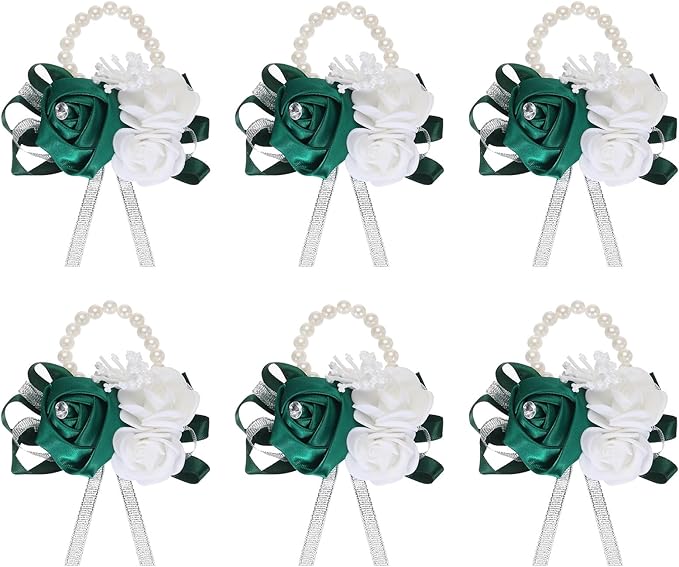 MECCANIXITY 6Pcs Wrist Corsage Artificial Flower Bracelets Rose Wrist Bride Groom Decorative for Wedding Ceremony Prom Party Anniversary Dark Green