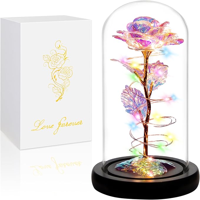 Childom Christmas Rose Gifts for Women,Birthday Gifts for Women Mom Christmas,Flowers for Delivery Prime,Colorful Light Up Rose in A Glass Dome,Anniversary Flowers Gift for Her Grandma Valentines Day