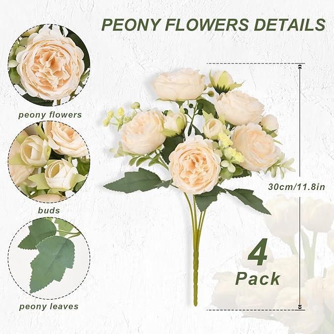 MARTINE MALL 4 Packs Peonies Artificial Flowers, Champagne Artificial Peonies, Silk Peonies Flowers Fake Peonies Artificial Flowers Peonies Bouquet for Centerpiece Table Wedding Party Home Decor