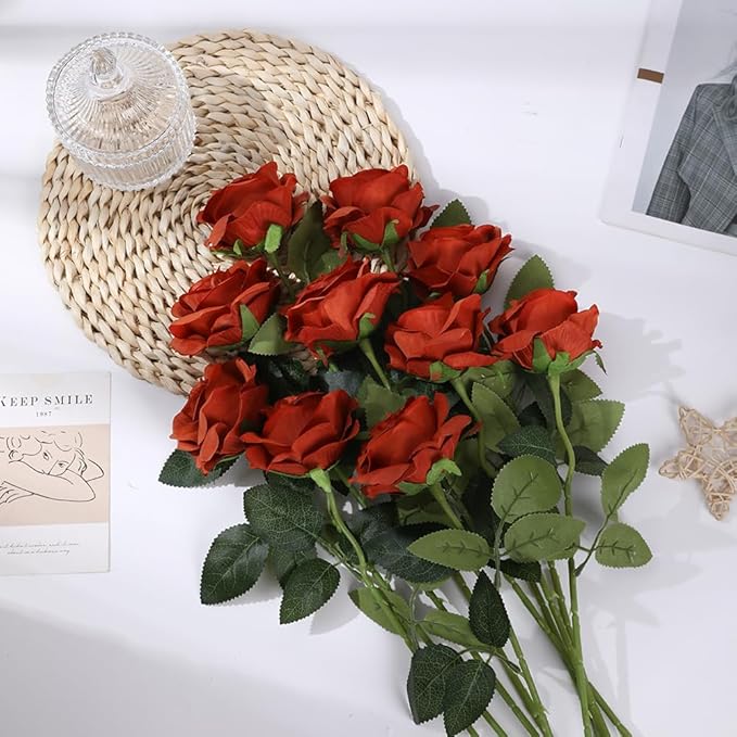 Laelfe 12 PCS Artificial Flowers Roses Silk Flowers Fake Long Stem Artificial Roses for Home Wedding Bathroom Kitchen Decorations(Brown Orange)