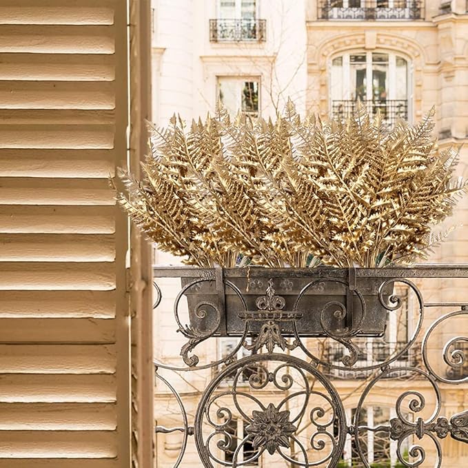 PASYOU Artificial Plants, Golden Fake Flowers Decoration for Christmas Plastic Boston Grass Faux DIY Crafts Indoor Outdoor Home Décor Garden Party Room Bedroom Wedding Table Centerpiece, Gold 2 Pack