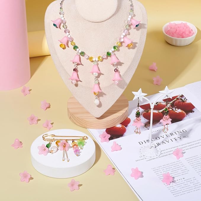 Crafans 50Pcs Frosted Acrylic Flower Beads Pink Floral Pendants Trumpet Flower Bead Caps Loose End Spacer Beads for Jewelry Making Supplies 17.5x12x1.5mm