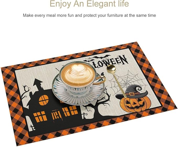 Halloween Placemats Cartoon Retro Funny Horror Castle Spider Web Magic Witch Pumpkin Bat Pumpkin Placemats Table Kitchen Dining Party 12x18 Inch Set of 4